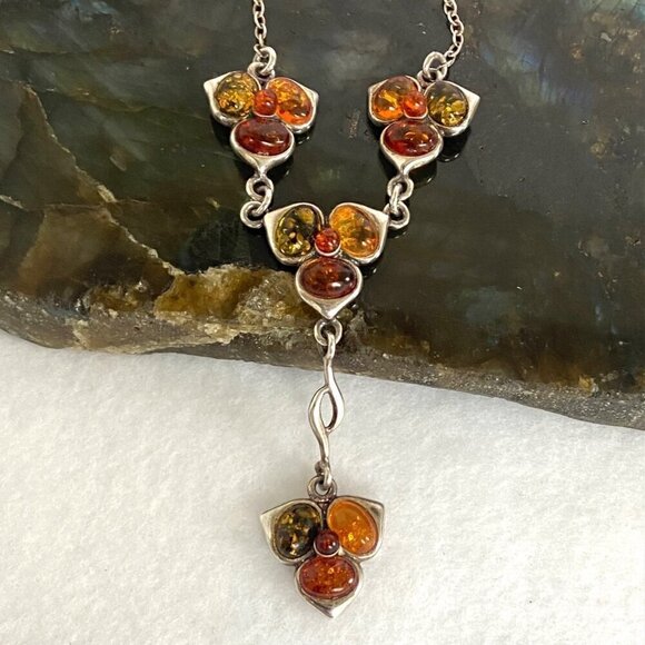 Sterling Silver 925 Multi Color Baltic Amber Flower Floral Y Necklace 16" -17.5" - Picture 11 of 16